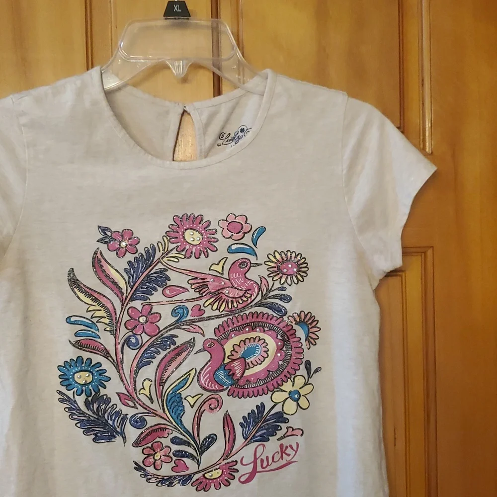 Lucky Brand Girl's Cream Heathered Sparkly Bird Graphic Short Sleeve Tee Size XL